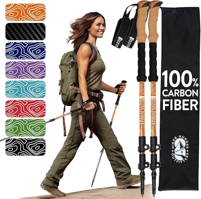 100% Carbon Fiber Trekking Poles by USA Brand - Ultra Strong Lightweight Collapsible Hiking Poles with Cork and EVA Foam Grips & Quick Adjustable Flip Locks-StrideForce Fitness