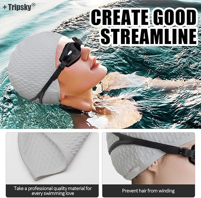 Tripsky Silicone Swim Cap,Comfortable Bathing Cap Ideal for Curly Short Medium Long Hair, Swimming Cap for Women and Men, Shower Caps Keep Hairstyle Unchanged…-StrideForce Fitness