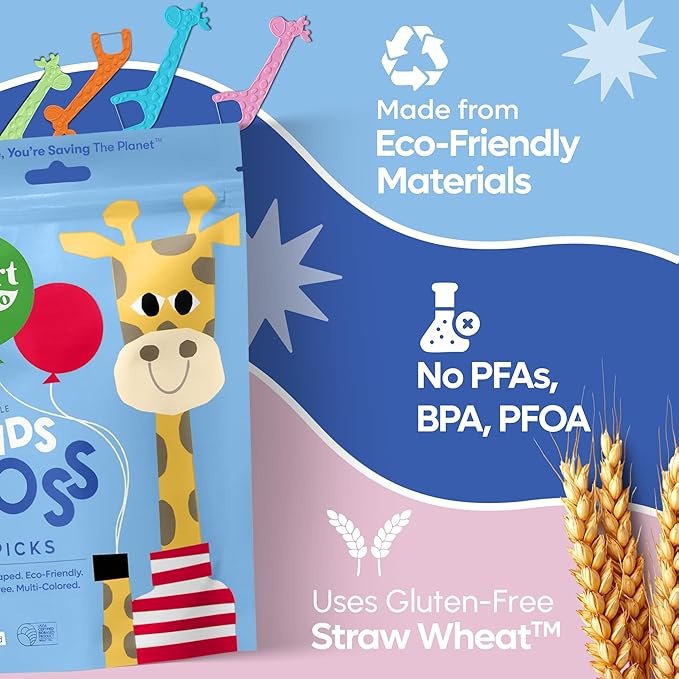 SmartLifeco Eco-Friendly Kids Flossers (200ct) - Dental Floss Picks for Children Made with Straw Wheat, Fluoride & PFA Free, Toothpick Flossing Sticks for Toddler Teeth, No Shred Thread, Mint