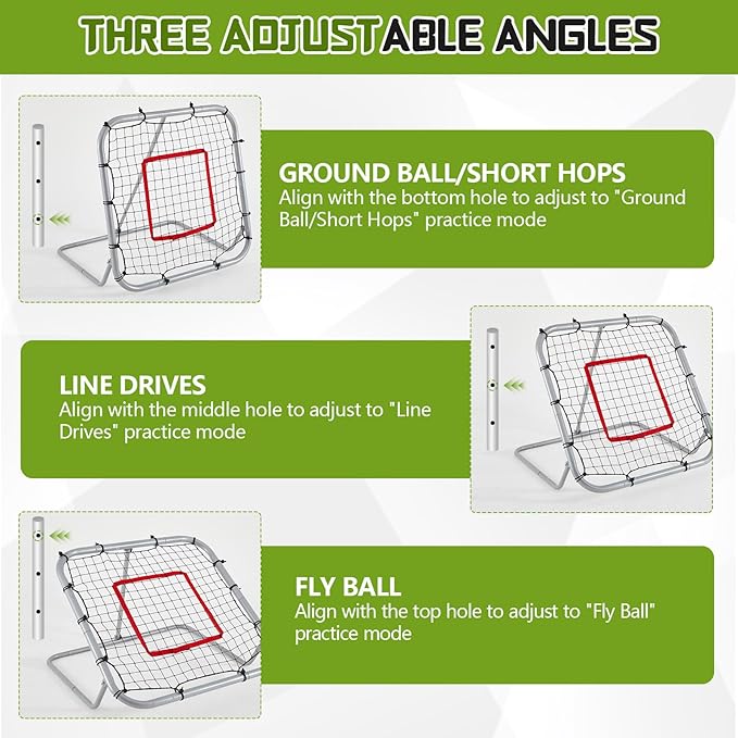 3' x 3'/1.67' x 1.67' Pro Portable Baseball and Softball Rebounder Adjustable Heavy Duty Pitch-Back Net with Bag Strap Fielding Trainer Net 3 Angles Ground Balls Line Drives Pop Flies-StrideForce Fitness
