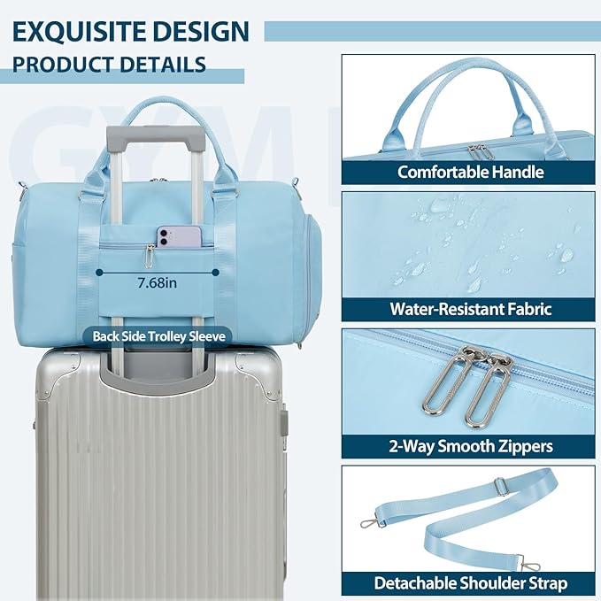 FIORETTO Womens Gym Tote Duffle Bag with Wet Pocket & Shoe Compartment, Sports Duffel Overnight Weekender Hospital Workout Carry on Bag for Girls, Ideal for Travel, Swimming, Dance, Ballet Light Blue-StrideForce Fitness