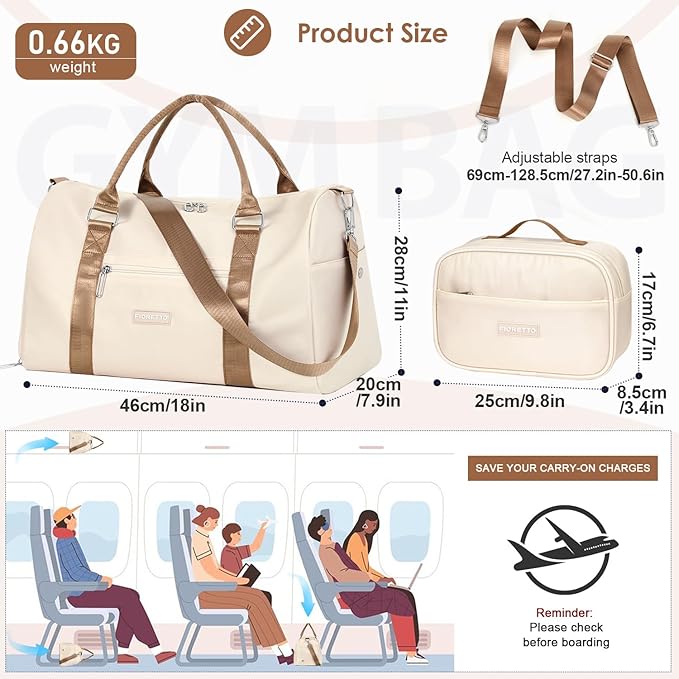FIORETTO Womens Gym Tote Duffle Bag with Toiletry Bag, Sports Duffel Overnight Hospital Workout Carry on Bag for Girls with Wet Pocket & Shoe Compartment, Ideal for Travel, Swimming, Beige & Brown-StrideForce Fitness