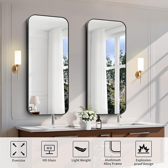 FORBATH Bathroom Mirror 20" x 48", Rectangle Black Bathroom Mirror with Black Aluminum Frame Rounded Corner, Wall Mounted Mirror for Bedroom Entryway Living Room-StrideForce Fitness