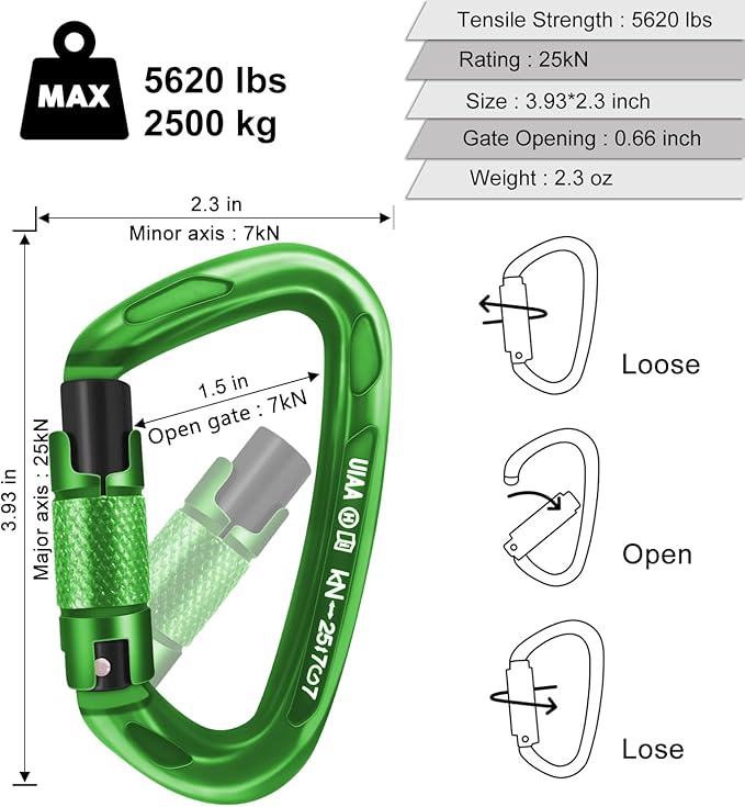 Climbing Carabiner Clips 25kN Auto Locking Carabiner, Professional Heavy Duty Large Locking Carabiner Clips for Rock/Ice Climbing Rappelling Rescue Swing etc, D Shaped, Large Size-StrideForce Fitness
