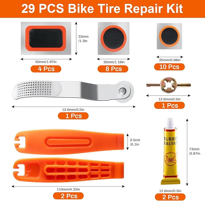 29 PCS Bike Tire Repair Kits - 22 PCS Vulcanizing Patches, Cement, Tire Levers, Metal Rasp & Roller, Valve Wrench, Portable Bicycle Inner Tube Puncture Patch Kit for BMX MTB Road Bike Motorcycle-StrideForce Fitness