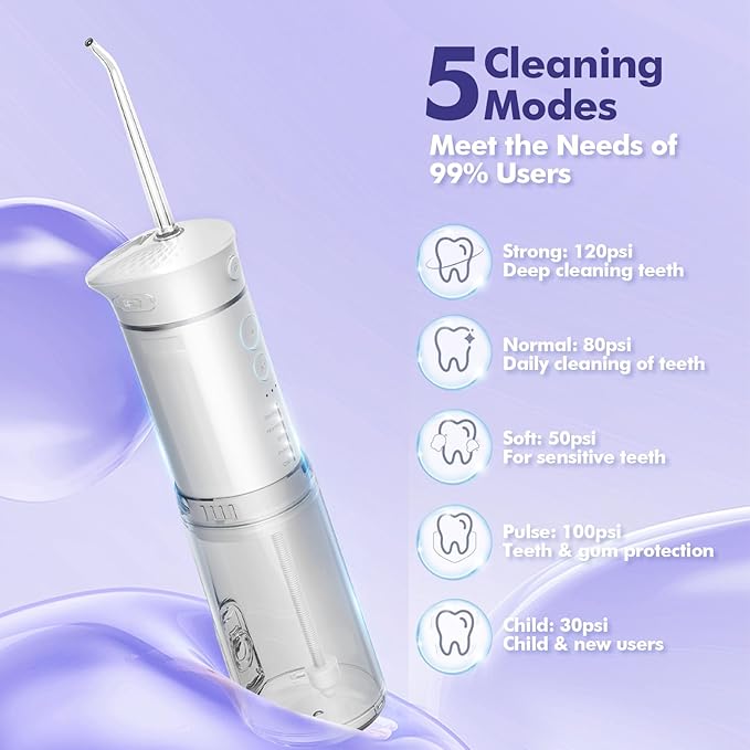 Water Flosser Mini Cordless Portable: 5 Modes Water Dental Floss with Telescopic Water Tank, 6 Tips, IPX7 Waterproof Oral Irrigator for Teeth Cleaning Gums,Orthodontic,Braces Dental Care (White)