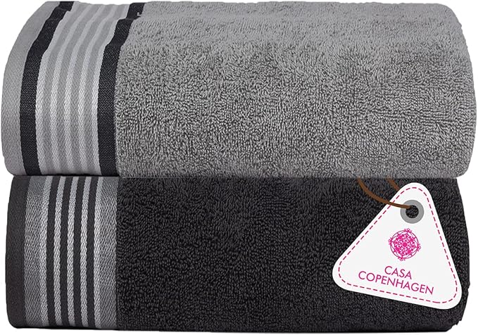 CASA COPENHAGEN, Designed in Denmark, 550 GSM, 35x70 Inches Extra Large Jumbo Size Bath Sheets, Set of 2 Towels, Super Soft Egyptian Cotton Towels for Bathroom & Shower - Granite Grey + Mirage Grey-StrideForce Fitness