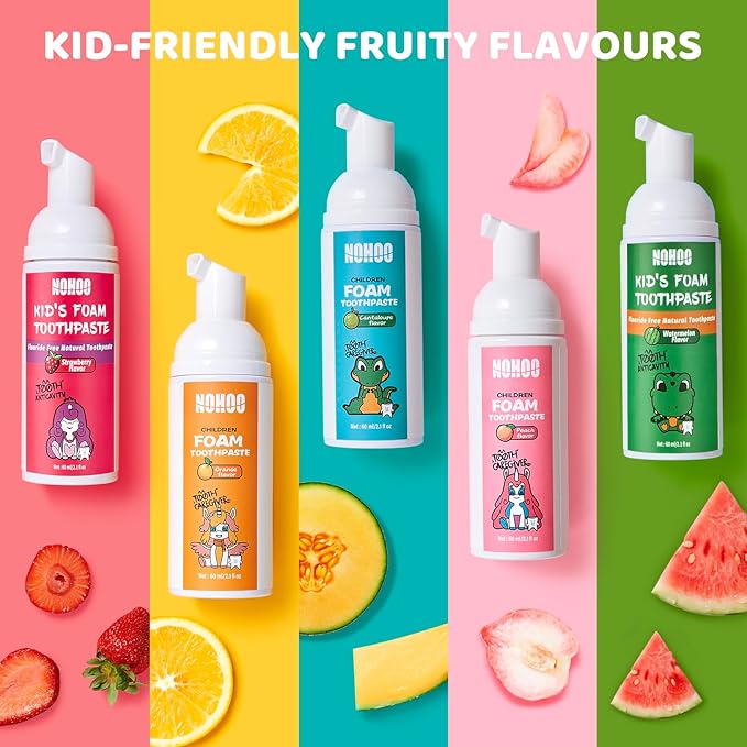 NOHOO Fluoride Free Foam Toothpaste Kids Fruit Flavour,Natural Training Toothpaste for Baby Toddler Children Oral Cleaning and Cavity Protection(2 Strawberry + 2 Watermelon)