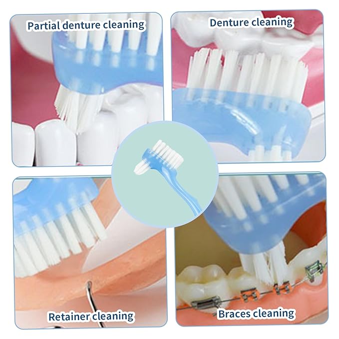 Denture Brushes 4Pcs Denture Brush, Dual Head Toothbrush with Hard Bristles, Comfortable Handle for Elderly, Easy to Use Hard Hygienic Bristle Toothbrush