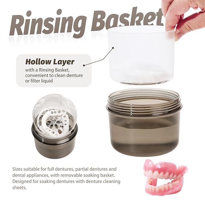 Upgraded Large Denture Bath Box Cup No-Leak Denture case Retainer Cleaning Box Complete Clean Care for Dentures Clear Braces Mouth Guard Night Guard & Retainers (transparent grey)