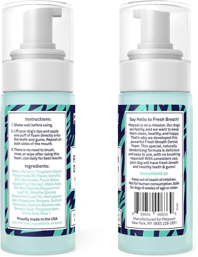 Petpost | Fresh Breath Foam for Dogs - Mint & Apple Flavored Dental Solution That Eliminates Bad Breath - Natural Tooth Cleaning Treatment 5 oz.