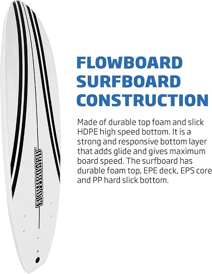 FLOWBOARD Surfboard Softboard Foam - Include (3) Fins 6’ Foot Leash and (2) Wood Stringers Inside Board Availalable in 6' and 7' Short Board and 8' Longboard-StrideForce Fitness