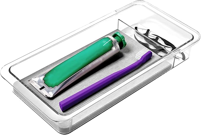 madesmart Dental Tray Drawer Organizer with Drying Stone, Clear Plastic Organizer for Toothbrush, Dental Floss, Water Flosser, Mouthwash
