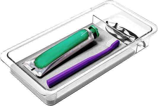 madesmart Dental Tray Drawer Organizer with Drying Stone, Clear Plastic Organizer for Toothbrush, Dental Floss, Water Flosser, Mouthwash