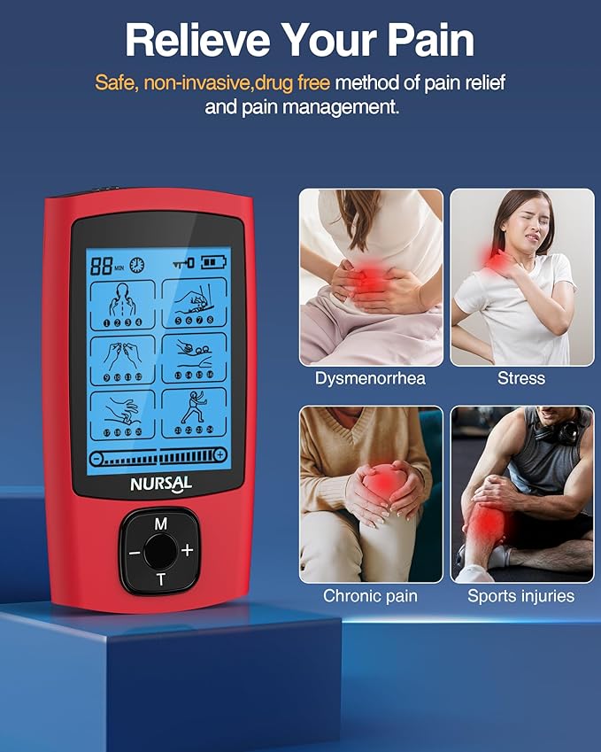 NURSAL 24 Modes TENS Unit Muscle Stimulator, Rechargeable Electronic Pulse Massager with 8 Pads for Back and Shoulder Pain Relief and Muscle Strength (Red)-StrideForce Fitness