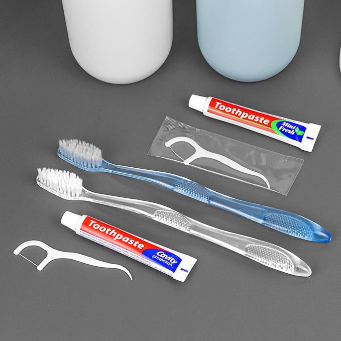 50 pcs Disposable Toothbrushes with Toothpaste Floss Individually Wrapped, 2 Color Toothbrush, 10g Toothpaste, Floss Pick, Bulk Toothbrush for Homeless,Airbnb,Hotel,Guest