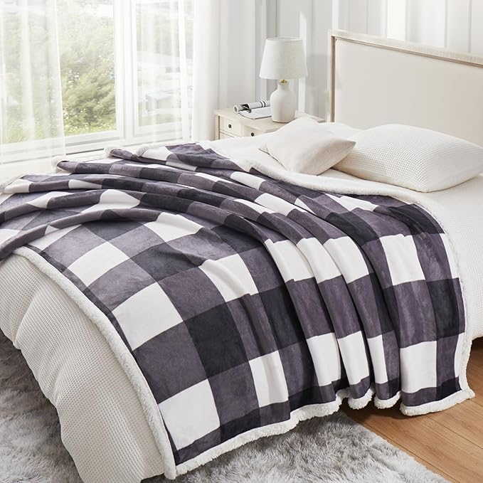 PU MEI Sherpa Blanket Fleece Throw Blanket Twin Plaid Thick Bed Blanket, Soft Warm Cozy Dark Grey Checkered Throw Blanket 60"*80"-StrideForce Fitness