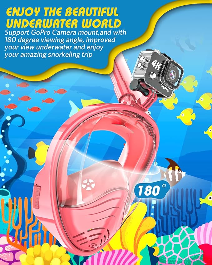 QingSong Kids Snorkel Mask Full Face, Snorkeling Set with Camera Mount, Foldable 180 Degree Panoramic View Snorkeling Gear Anti-Fog Anti-Leak-StrideForce Fitness
