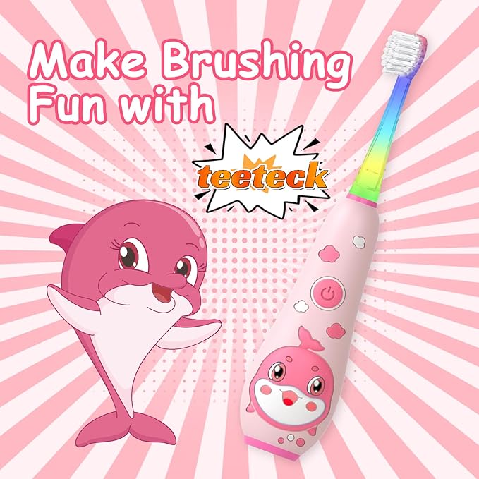 teeteck Electric Toothbrush for Kids - Toddler Electric Toothbrush with Magnetic Charging, Includes 2 Brush Heads, Magnetic USB Charging Cable for Ages 1-6 Boys Girls (Pink)