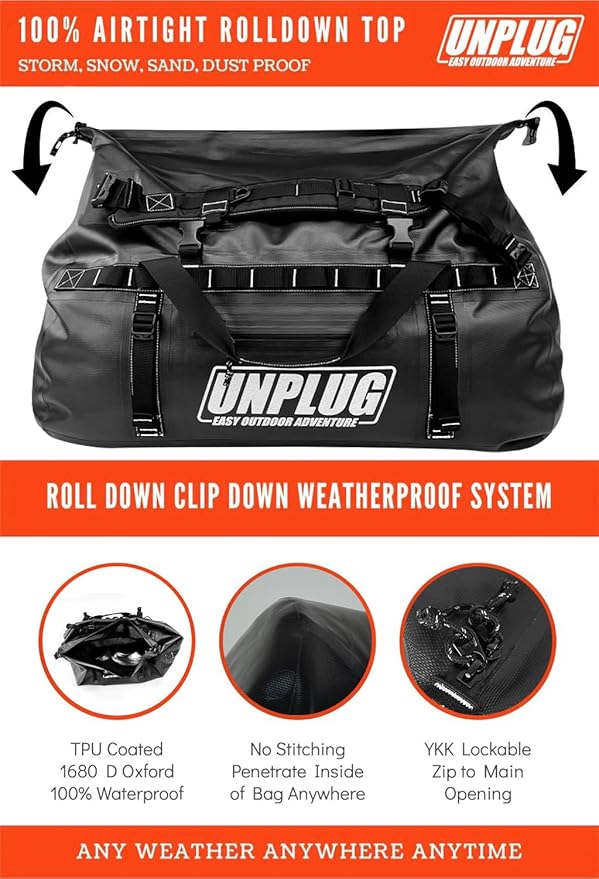 UNPLUG Ultimate Adventure Bag | 1680D Heavy Duty Waterproof Bag | Large Travel Duffle Bag which can be Used for Camping, Motorcycling, Boating, or Hunting-StrideForce Fitness