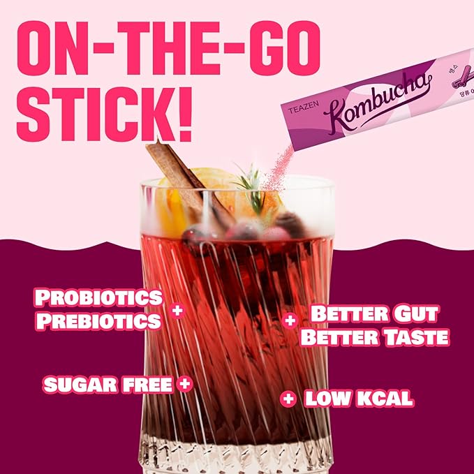 TEAZEN Mulled Wine Kombucha Tea, Spice Tea, Live Probiotics & Postbiotics, Relaxation and Warmth for Colds and Sore Throat, Electrolyte & Hydration Drink Mix, Sugar Free, 10 Sticks, 1.76oz-StrideForce Fitness