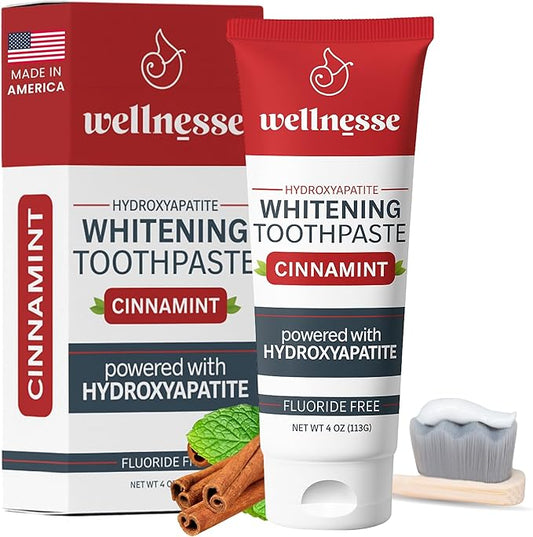 Wellnesse Hydroxyapatite Toothpaste – Fluoride Free for Sensitive Gums – Anti-Plaque, Remineralizing, Enamel Protection & Natural Whitening Toothpaste for Adults – Cinnamint Flavor - 4 oz