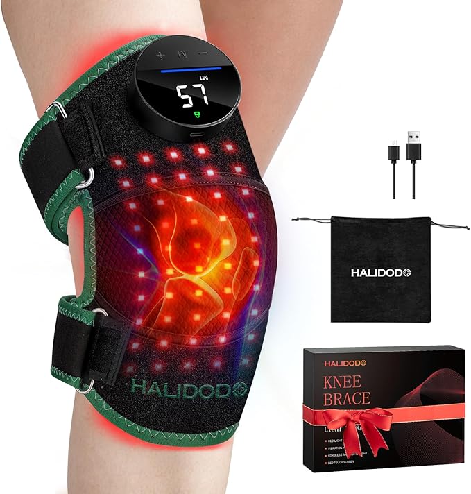 HALIDODO Red Light Therapy & Vibration Massage Knee Brace - Wireless Rechargeable Controller, 660nm&850nm Red Light Therapy Heated Device for Knee/Joint/Elbow/Shoulder Pain Relief, Green.-StrideForce Fitness