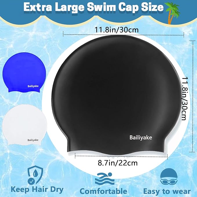 3 Pack Extra Large Swim Cap for Braids & Dreadlocks - Waterproof Silicone Swim Hat for Women with Long Thick Hair, Protective Swim Cap Cover Ears for Swimming, Shower, Bathing-StrideForce Fitness