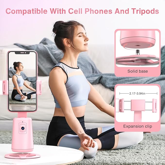 Auto Face Tracking Tripod 360° Rotating Cell Phone Photo and Video Kits Stand, No App, Phone Camera Stand with Remote and Gesture Control for Live Recording Tiktok Pink1-StrideForce Fitness