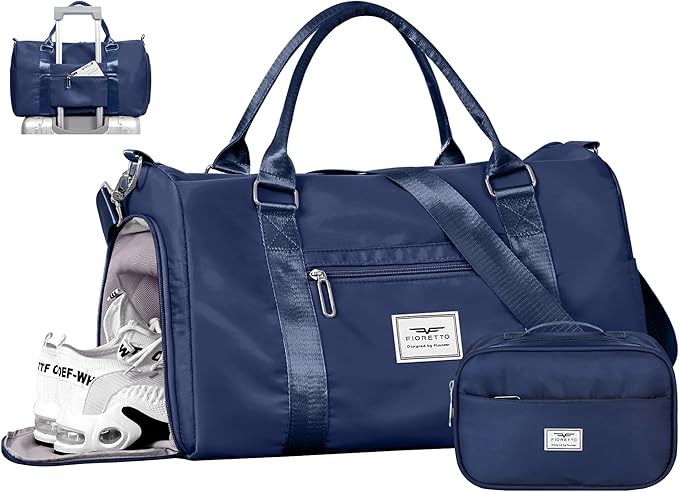 FIORETTO Womens Gym Tote Duffle Bag with Toiletry Bag, Sports Duffel Overnight Hospital Workout Carry on Bag for Girls with Wet Pocket & Shoe Compartment, Ideal for Travel, Swimming, Dance Navy Blue-StrideForce Fitness