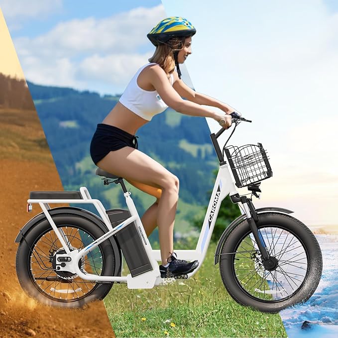 Caroma Electric Scooter with Seat, 48V Removable Battery E-Bike, Up to 30Miles&20MPH, 500/800/1200W Motor, 20" Fat Tire Adult Electric Bicycles for Commuting with Basket-StrideForce Fitness