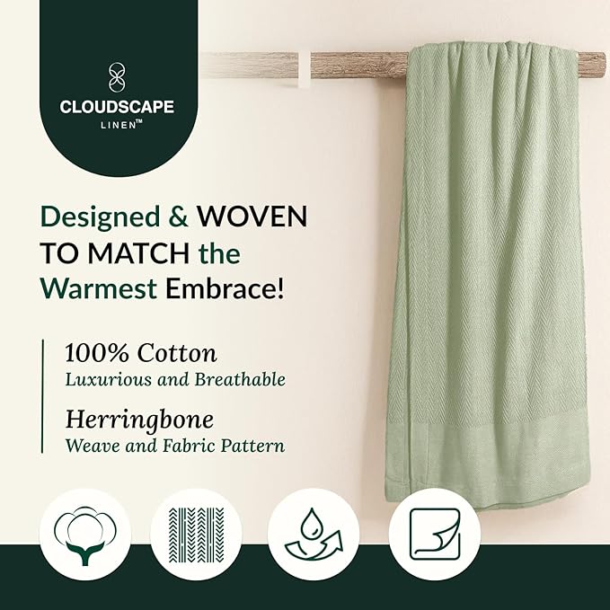 Cloud Scape Linen Herringbone Cotton Throw Blanket for Couch, Bed,Sofa, Home Decor, Soft, Lightweight, All-Season Bed Blanket, 50 x 70, Seafoam Green-StrideForce Fitness
