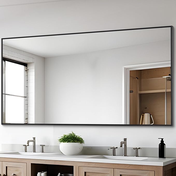 Black Bathroom Mirror for Wall, 30x55 Inch Rectangle Mirrors with Metal Frame, Modern Vanity Wall Mirror Decor for Entryway Hangs, Bathroom Living Room Horizontal or Vertical-StrideForce Fitness