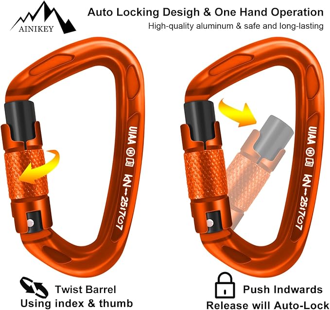 Climbing Carabiner Clips 25kN Auto Locking Carabiner, Professional Heavy Duty Large Locking Carabiner Clips for Rock/Ice Climbing Rappelling Rescue Swing etc, D Shaped, Large Size-StrideForce Fitness