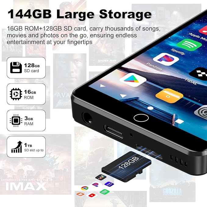 144GB MP3 Player with Bluetooth and WiFi, Android 13 OS MP3 & MP4 Players with 4" Touchscreen and Speaker, Spotify Music Players with Pandora, Audible, Amazon Music, Play Store-StrideForce Fitness