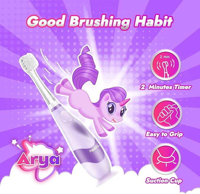 Papablic Toddler Sonic Electric Toothbrush Kids for Ages 1-3 Years, Baby Electric Toothbrush with Cute Unicorn Cover and Smart LED Timer, 4 Brush Heads (Arya)