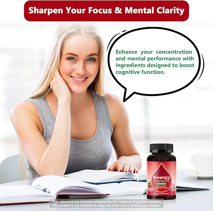 Natural Energy Gummies with Vitamin B12, Goji, CoQ10, Energy Support & Metabolism Support Chewable Supplement,GMO Free, Gluten Free(Raspberry, 120 Count)-StrideForce Fitness