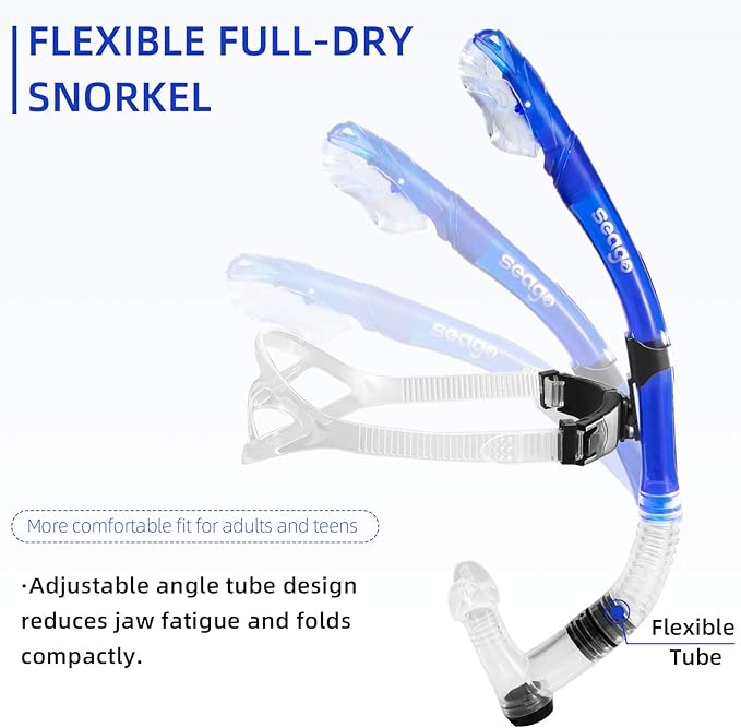 Seago Swim Snorkel for Lap Swimming, Dry Top Front Swimmer Snorkel for Adult Youth, Snorkel Gear Swimming Training Equipment in Pool and Open Water with Comfy Head Pads Food-Grade Silicone Mouthpiece-StrideForce Fitness