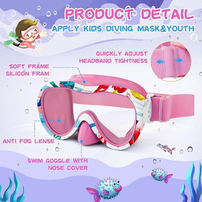 Kids Swim Goggles with Nose Cover, 180° Panoramic Snorkel Mask with Anti-Fog & Anti-Leak Design, Comfort Fabric Strap UV Protection Lens for Boys Girls Ages 3-15-StrideForce Fitness