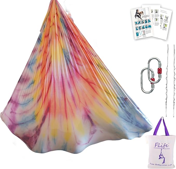 F.Life Aerial Yoga Hammock kit- Yoga Swing Multicolor 5 yards-Flying Yoga Include Daisy Chain,Carabiner and Pose Guide-StrideForce Fitness