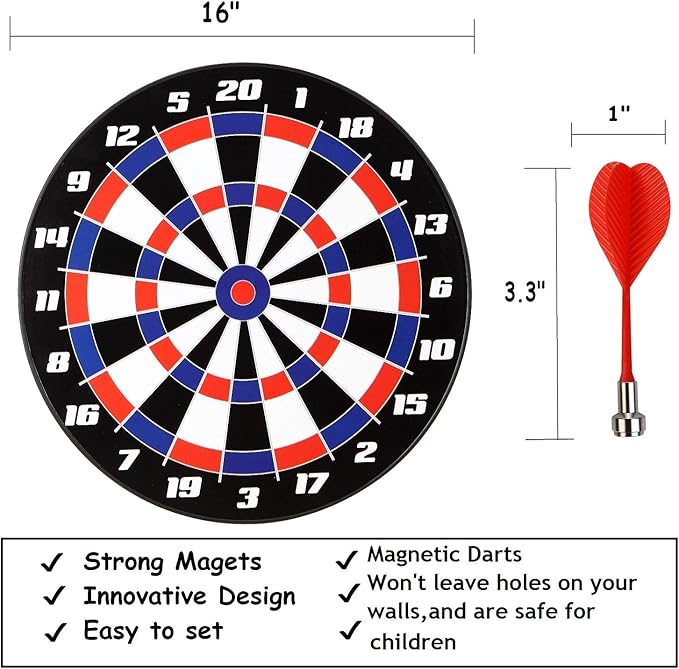 Magnetic Dart Board Game - Darts and Kids Dart Board Set,16 Inch Dart Board with 8 Strong Magnet Darts of 2 Colors,Best Kids Toy Gift Indoor Outdoor Games for Family and Friends-StrideForce Fitness