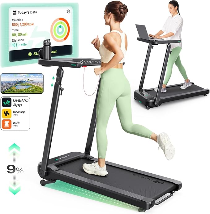 UREVO Treadmill with Desk Workstation, Walking Pad Treadmills for Home Office, Under Desk Compact Design Treadmill with HIIT Programs, Remote Control, LED Display-StrideForce Fitness