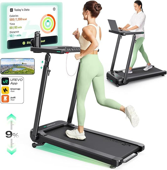 UREVO Treadmill with Desk Workstation, Walking Pad Treadmills for Home Office, Under Desk Compact Design Treadmill with HIIT Programs, Remote Control, LED Display-StrideForce Fitness