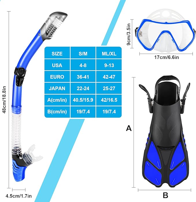 ZEEPORTE Mask Fin Snorkel Set, Travel Size Snorkeling Gear for Adults with Panoramic View Anti-Fog Mask, Trek Fins, Dry Top Snorkel and Gear Bag for Swimming Training, Snorkeling Kit Diving Packages-StrideForce Fitness
