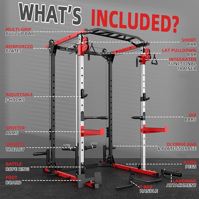Smith Machine, Power Rack with LAT Pulldown System, Power Cage with Cable System, Squat Rack for Home Gym with Chest Press Machine, Spotter Arms, Leg Curl Attachment and More-StrideForce Fitness