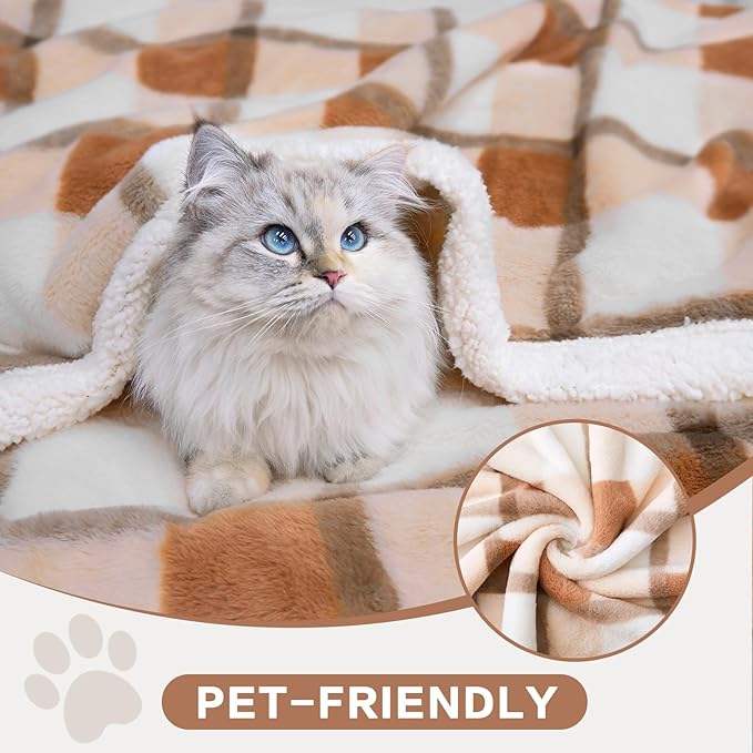 PU MEI Super Soft Faux Rabbit Fur Sherpa Fleece Throw Blanket, Reversible Luxury Cozy Cute Furry Blanket, Plush Warm Shaggy Fluffy Checkered Blankets for Sofa Couch Bed (Beige-Plaid, 80" x 90")-StrideForce Fitness