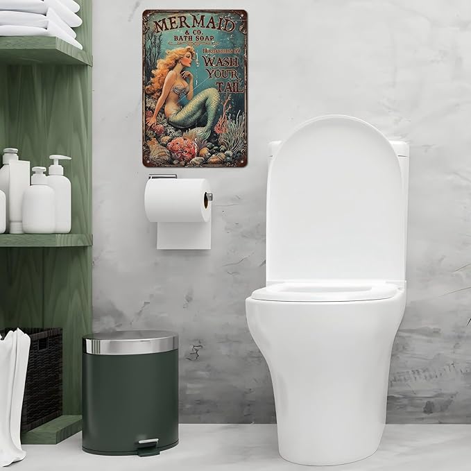 Retro Mermaid Tin Sign Wash Your Tail Vintage Metal Poster Funny Bath Soap Wall Art Toilet Bathroom Man Cave Bar Cafe Indoor Living Room Garage 12 * 8inch-StrideForce Fitness