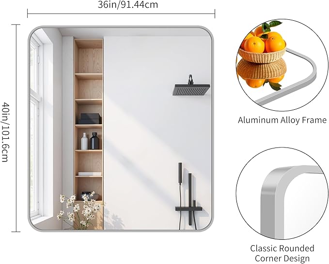 FORBATH 40x36 Inch Silver Bathroom Mirror for Over Sink, Large Rectangular Wall Mirror with Metal Frame, Rounded Corners for Bathroom, Bedroom, Entryway Decor (Horizontal or Vertical)-StrideForce Fitness