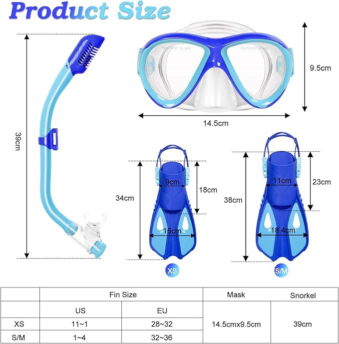 Kids Mask Fins Snorkel Set, Dry Top Snorkeling Gear for Kids Youth Boys Girls Junior Age 5-15 Tempered Glass Snorkel Mask Set Panoramic View Snorkeling Packages-StrideForce Fitness