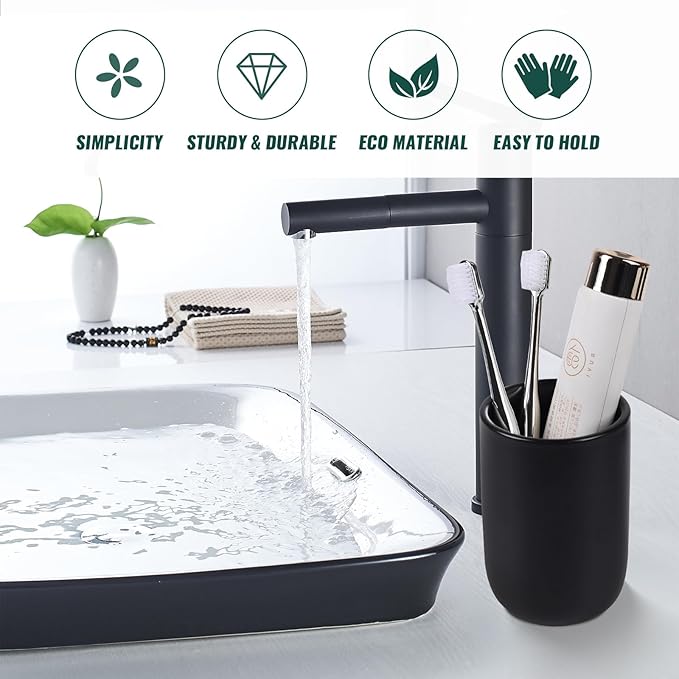 BosilunLife Ceramic Toothbrush Holder - 12oz Bathroom Toothbrush Holder Black Tooth Brush Holders Tumbler Cups Reusable Toothbrush Mouthwash Cup Small Toothbrush and Toothpaste Holder